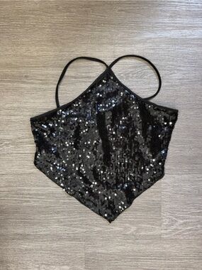 Black Sequin Halter Handkerchief Top One Size